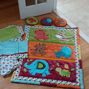 Kids bedding with window valance and wall hangings